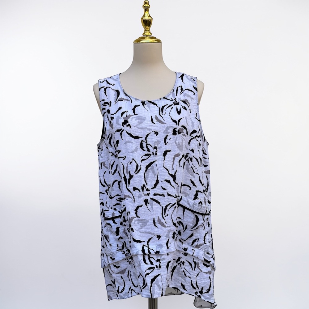 Habitat Clothes to Live‎ In Tunic Top L White Black Floral Layered Pocket Dress